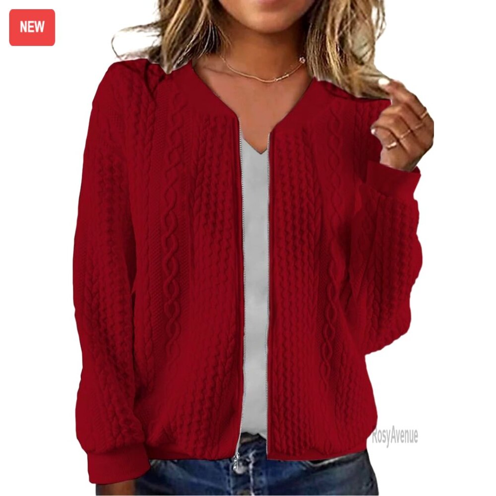 Zip Up Cardigan Sweater Cable Hoodie Long Sleeve Casual Oversized Chic